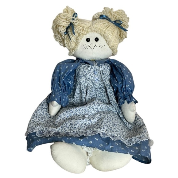 Handmade Other - Shelf Sitter Rag Doll Hand Made Yarn Hair Blue Floral Dress 24 Inch